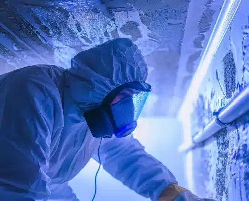a technician in a protective suit meticulously cleaning a dusty air duct in a spacious home in treasure coast, florida.