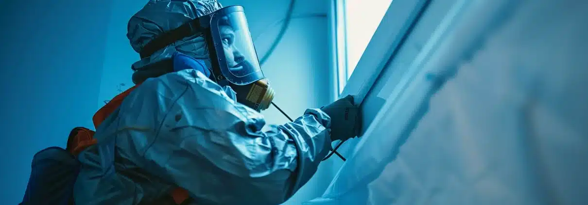 a professional technician in full protective gear using high-powered equipment to clean air ducts in a modern house in treasure coast, florida.