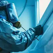 a professional technician in full protective gear using high-powered equipment to clean air ducts in a modern house in treasure coast, florida.