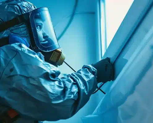 a professional technician in full protective gear using high-powered equipment to clean air ducts in a modern house in treasure coast, florida.